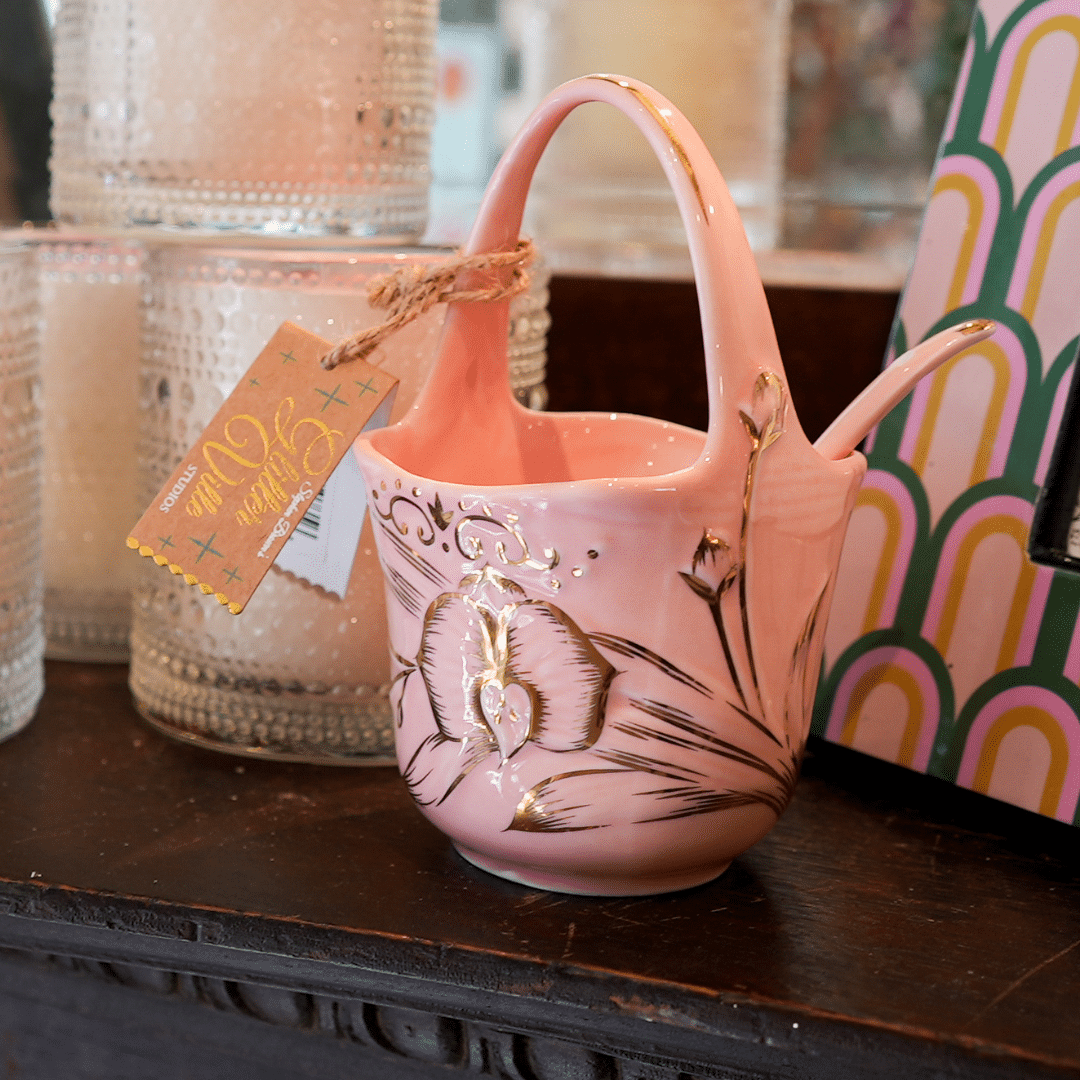 Pink Floral Porcelain Basket Dish with Spoon image