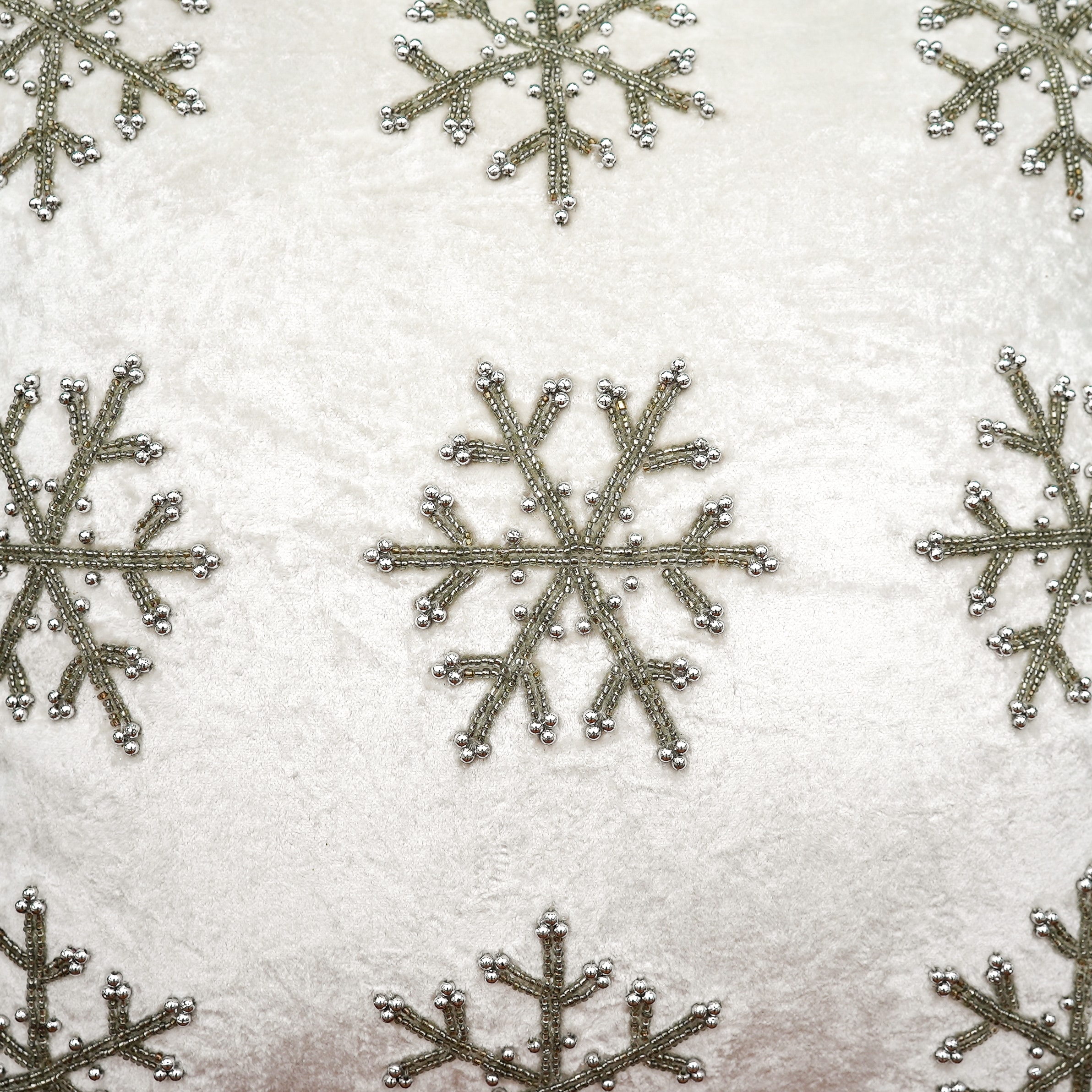 White Velvet with Silver Bead Snowflakes Accent Throw Pillow, 18" - Image 3