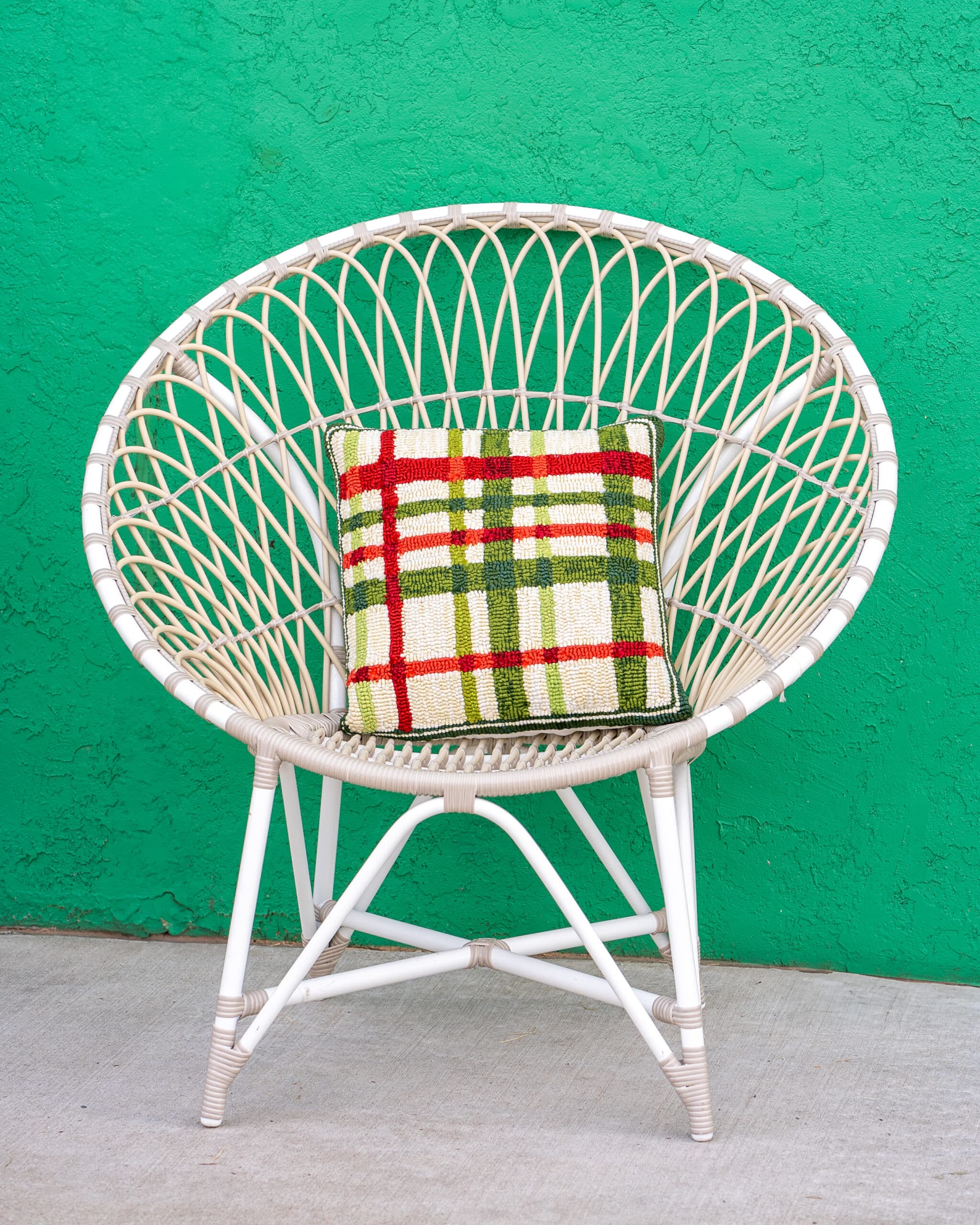 Green, Red and Cream Christmas Plaid Indoor/Outdoor Hooked Accent Throw Pillow, 18" Sq - Image 4