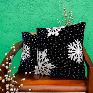 Winter's Night Navy Blue Velvet with Silver Applique Snowflakes Accent Throw Pillow, 18"