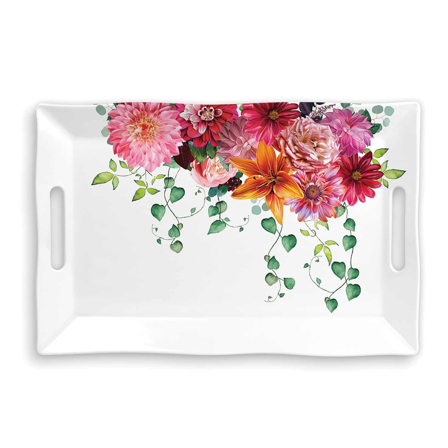 Sweet Floral Melody Large Decorative Serving Melamine Tray with Handles image