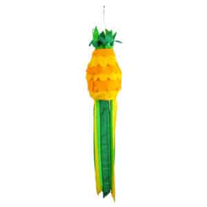 Yellow pineapple windsock with green flowing ribbons on bottom for summer beach or pool outdoor decor.