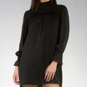 Women's Elan black smocked turtleneck flowy babydoll dress with balloon sleeves, and exagerrated cuffs for ladies party, Fall and Winter style.