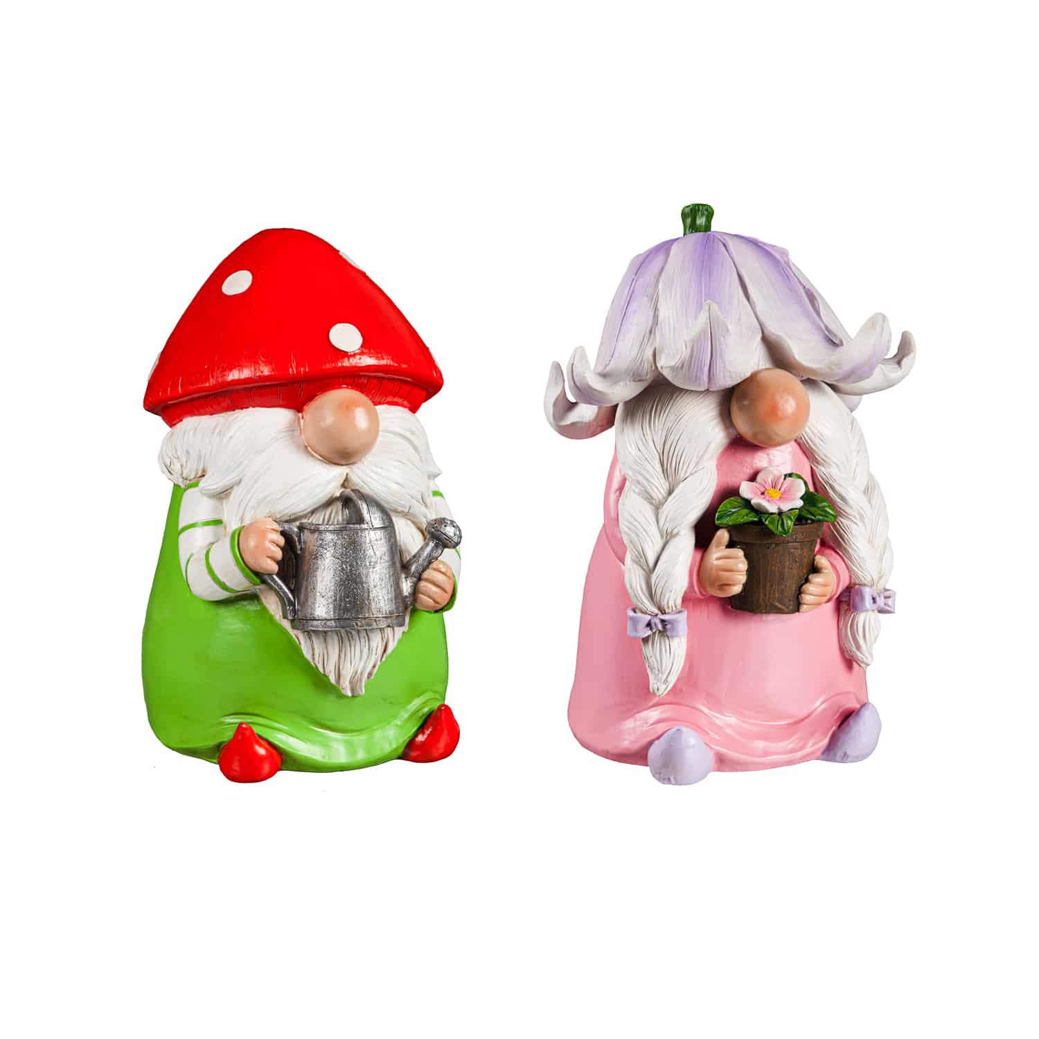 Gardening Boy and Girl Gnomes Garden Polyresin Statuary red green purple pink with mushroom hat or flower hat for yard, patio, porch, garden and home decor for spring Easter and everyday.
