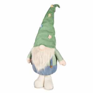 Oversized Plush Standing Gnome with Green Floral Hat and Blue Overalls, 16"T for tabletop, shelf, or mantel home decor for Spring, Easter and everyday.