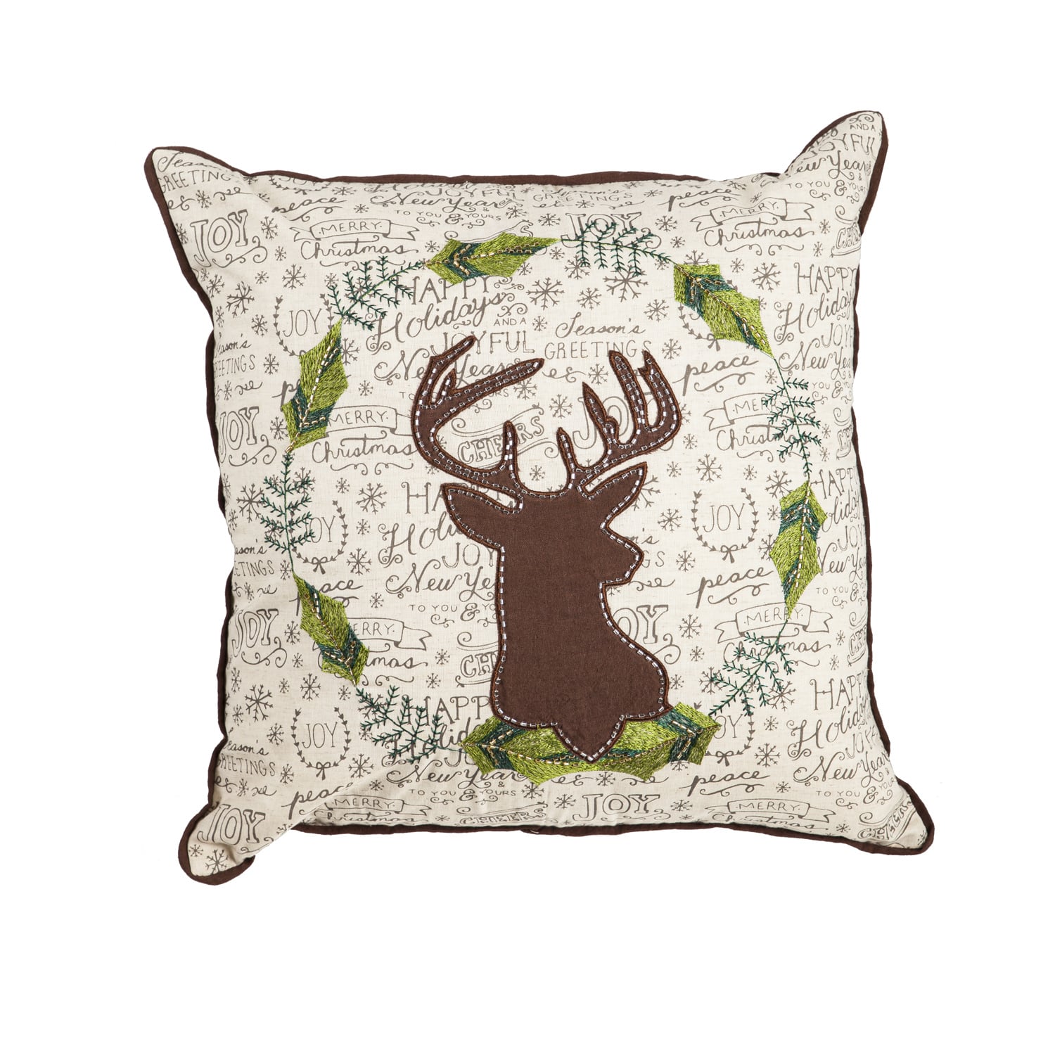 Holiday Deer Applique Throw Accent Pillow, 18" Sq. in cream with brown piping and deer applique and green holly applique for Christmas, holiday and winter decor.