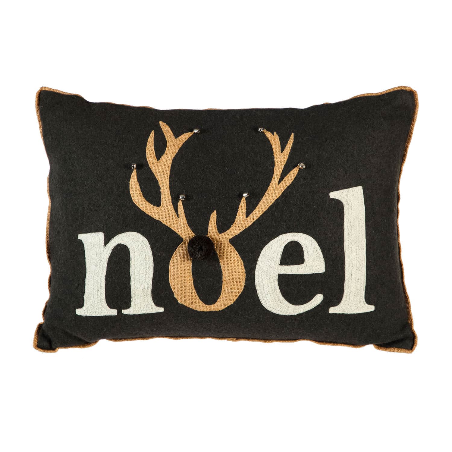 Christmas Holiday Noel with Deer Lumbar Accent Throw Pillow in black with applique "noel" in cream with "O" as a reindeer head in tan matching the tan piping around the edge of the pillow with a cream back and a chenille puff nose on the deer head for Christmas, holiday and winter home decor,