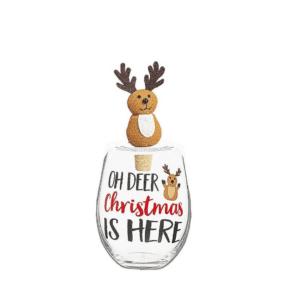 Stemless Clear Wine Glass that reads "oh deer Christmas is here" and has a whimsical reindeer painted on and a felt plush Reindeer with cork Wine Stopper Gift Set for Christmas and holiday gift set.