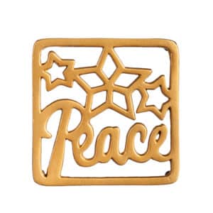 Kitchen Metal Footed Tabletop Trivet | Gold "Peace" with stars for kitchen and tabletop use and decor and Christmas and holiday gift.