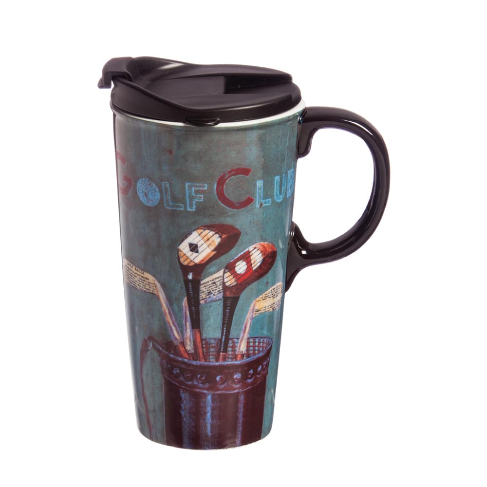 Ceramic Lidded Travel Mug and Gift Box | Vintage Golf Clubs image