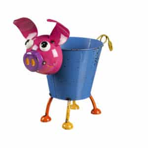 Evergreen Blue Bobble Head Pig Metal Flower Pot for whimsical and farmhouse home decor