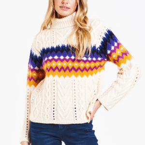 Women's Dear John Mabel Aspen Sunset folded mock neck sweater, long sleeve pointelle design cable yarn knit finish with colorful bold band across the bustline of blue, yellow and purple for ladies winter fashion.