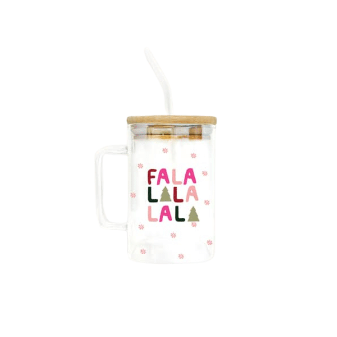 Square Glass Cup with Lid & Straw | Pink & Green “Fa-La-La-La-La-La-La” image