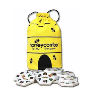 HoneyCombs Matching Tile Game in yellow drawstring bag with 52 unique tiles for ages 5 and older and 1 to 8 players.