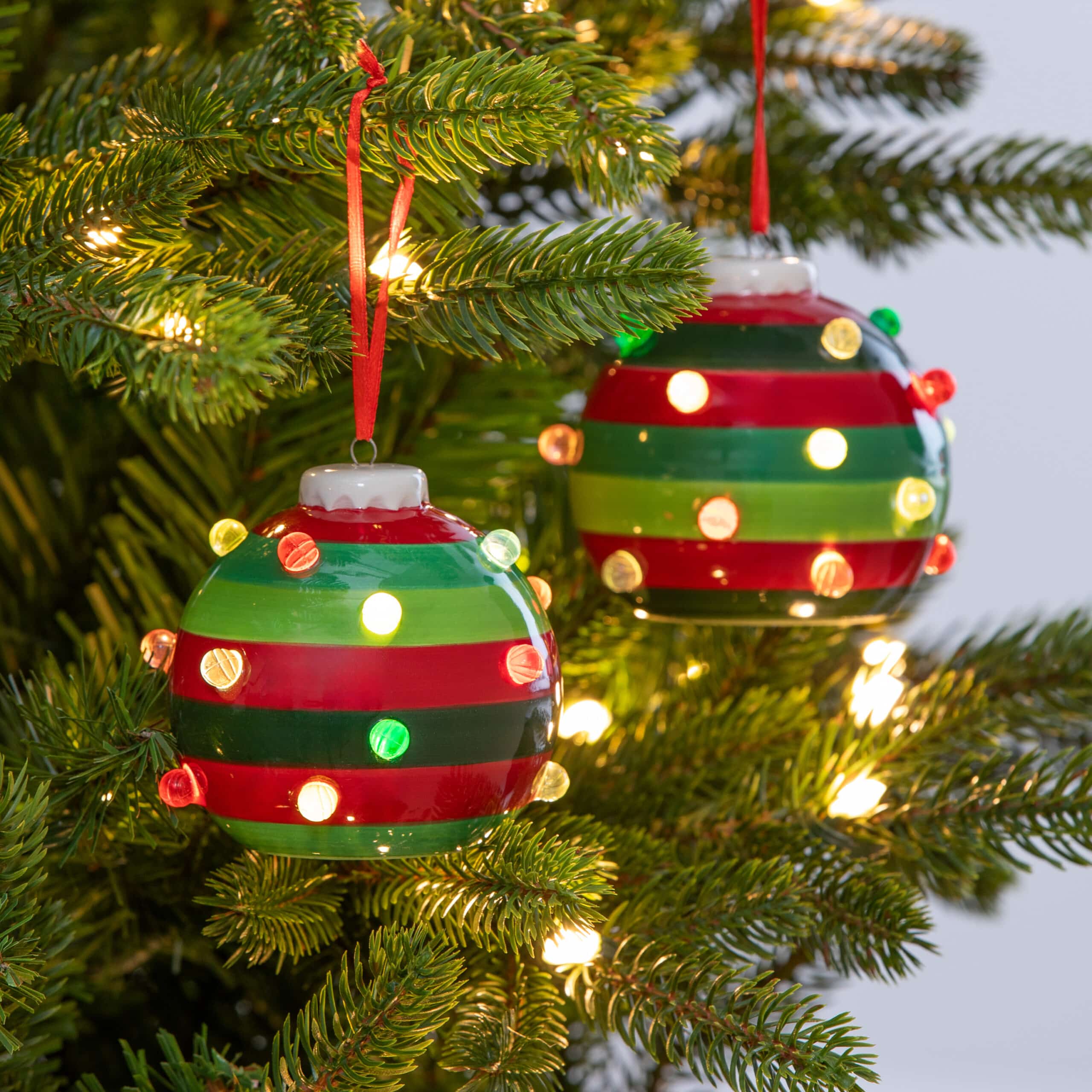 Red, Green and Black Striped Light up LED Ceramic Round Ball Ornament, 3" - Image 2