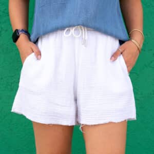 Women's Another Love Kori white lined short wit elastic drawstring waist and raw edge hem for ladies casual summer, vacation and sorority rush style.