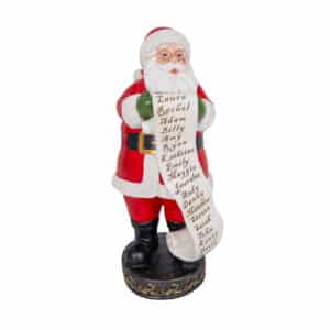 Santa in a traditional red santa suit and green mittens with List of childrens names on scrolled paper standing on a black base for Indoor/Outdoor Decoration for Christmas and holiday, 32"T