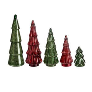 Plow & Hearth Light-Up Red and Green Glass Tree Tabletop Decor, Set of 5 for Christmas, winter and holiday decor.