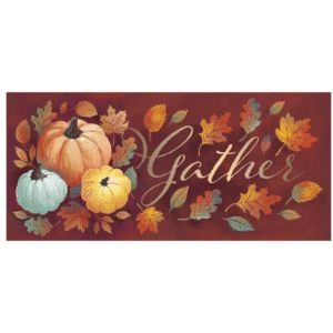 Evergreen Sassafras Door Mat Insert: Crafted Harvest Pumpkins & "Gather" in burgundy, orange and copper.