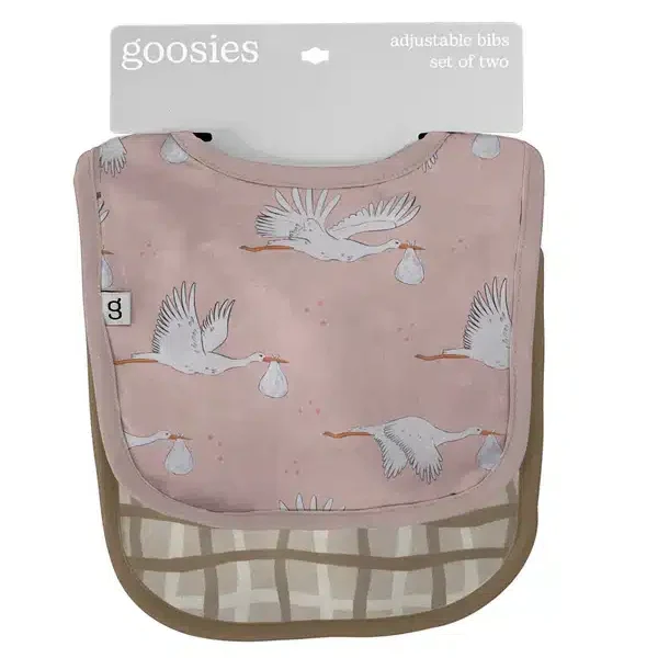 Stork and Plaid Print Bamboo Adjustable Bibs, Set of 2 | Pink image