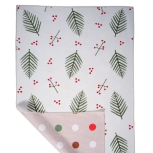 Double Sided Holly, Berries with Pink and Polka Dots Microfiber Towel for kitchen, hostess, decor and gift for Christmas, winter and holiday.