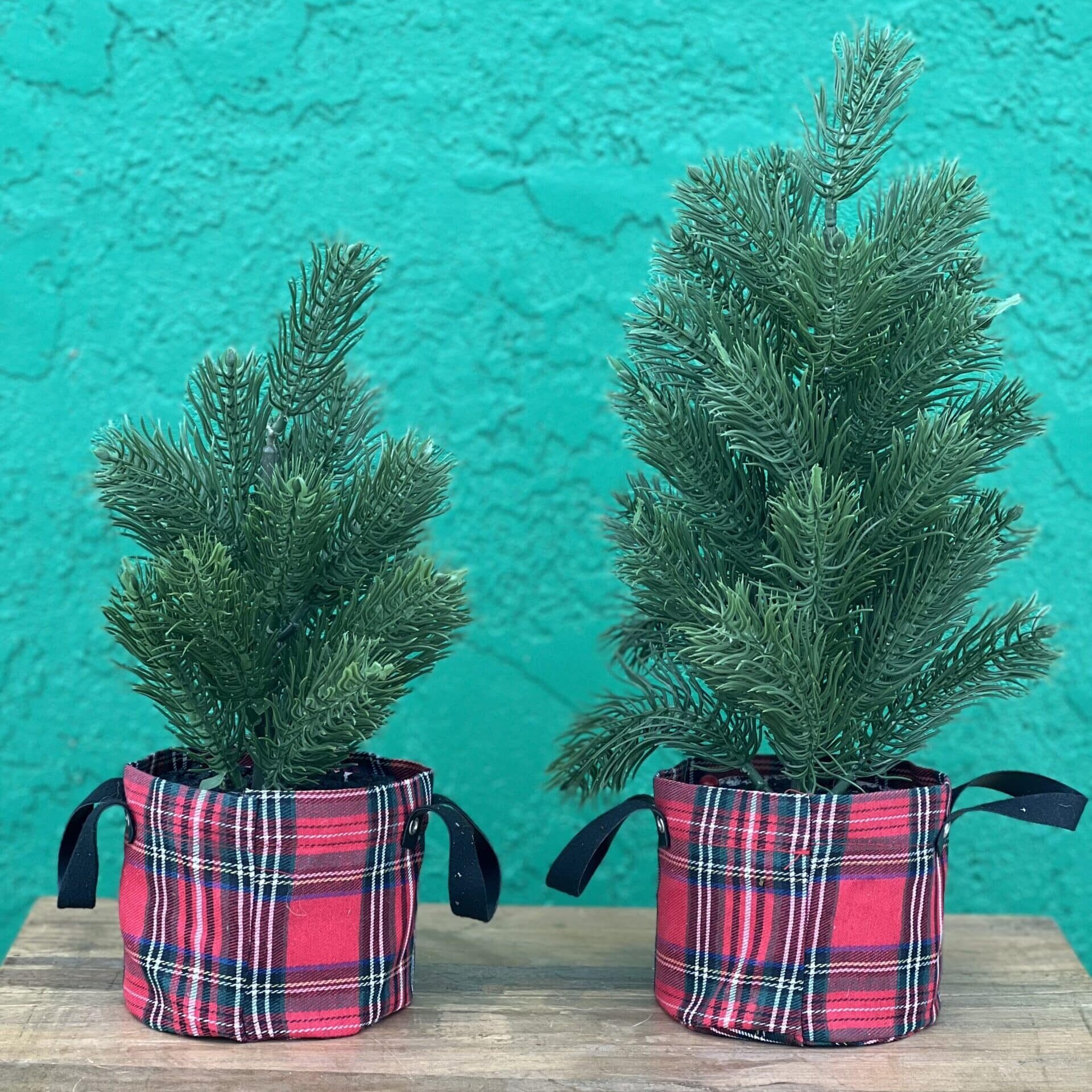 Artificial Pine Tabletop Trees in Red Plaid Covered Pot image