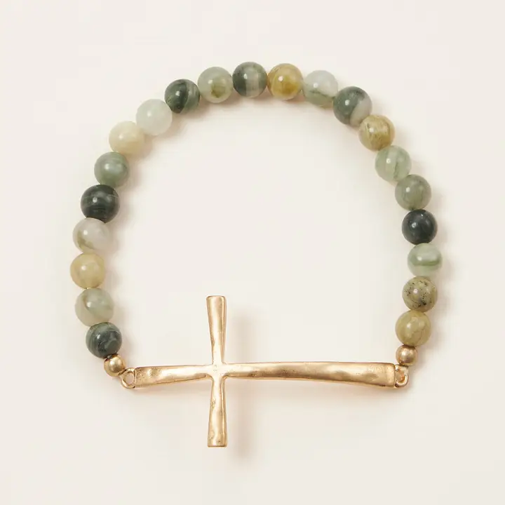 Glass Beaded Bracelet with Cross Charm l Green image