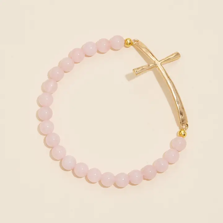 Glass Beaded Bracelet with Cross Charm l Blush image