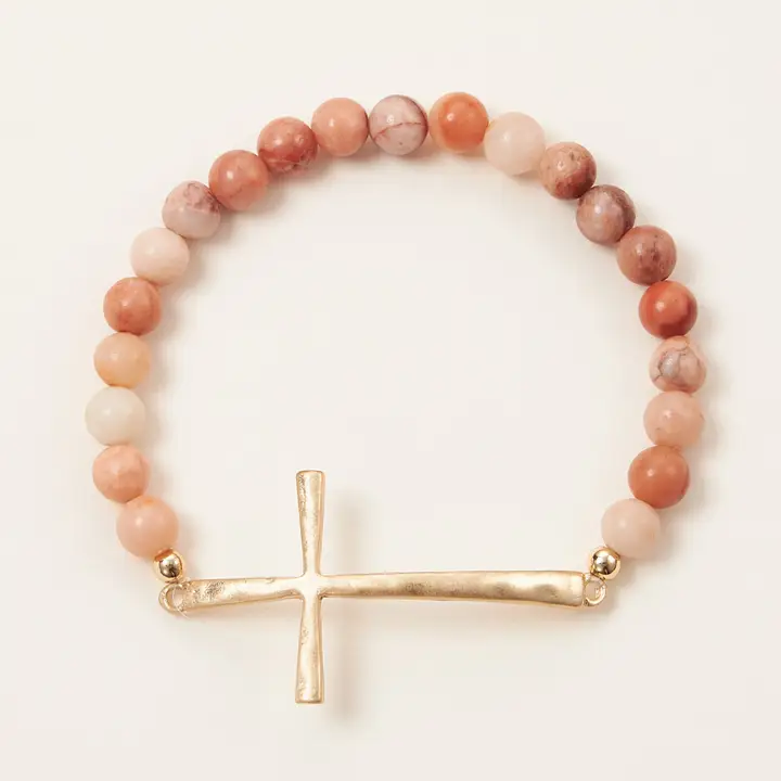 Glass Beaded Bracelet with Cross Charm l Pink image